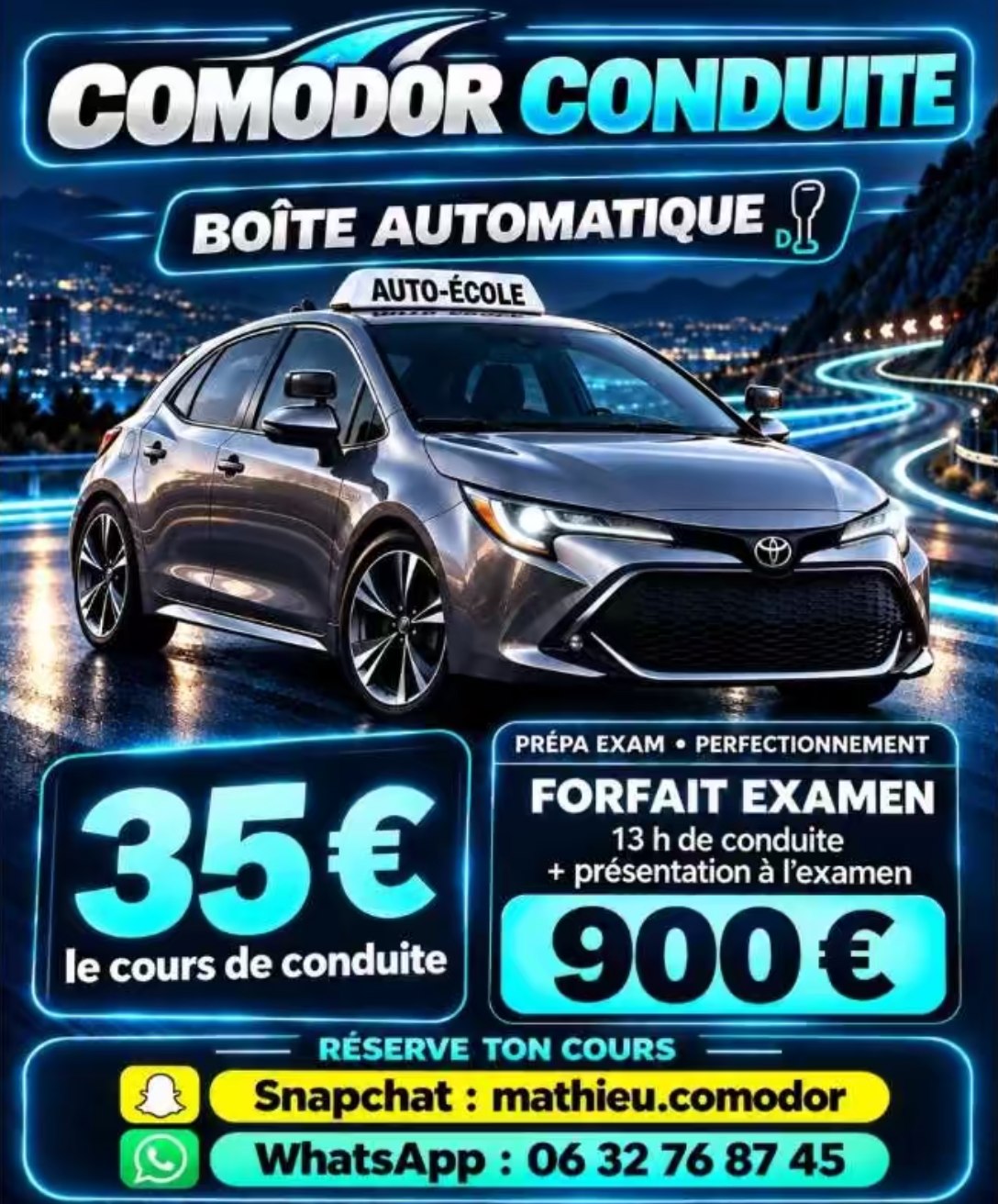 Affiche Comodor Conduite : boîte automatique, 35 € le cours, forfait examen 900 €